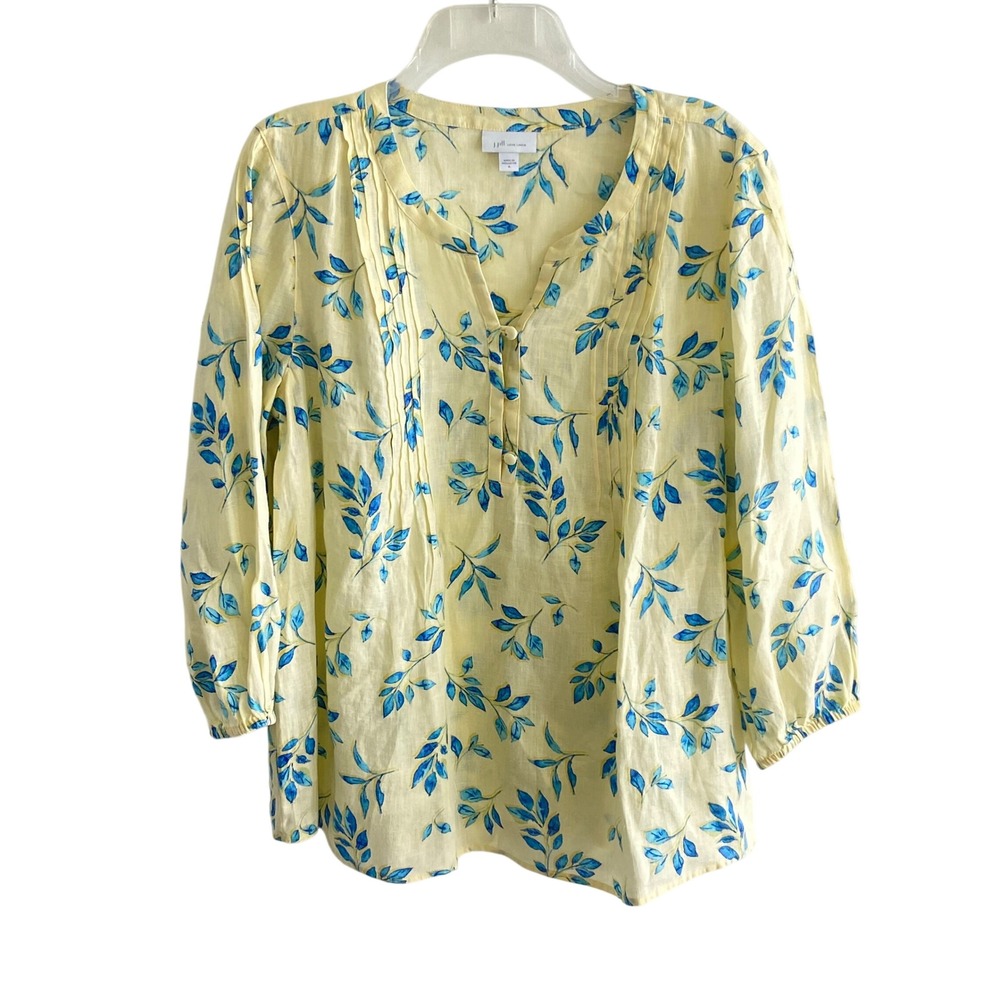 J. Jill Love Linen Yellow Blue Leaf Print Pintuck Blouse Top Medium M 100% Linen